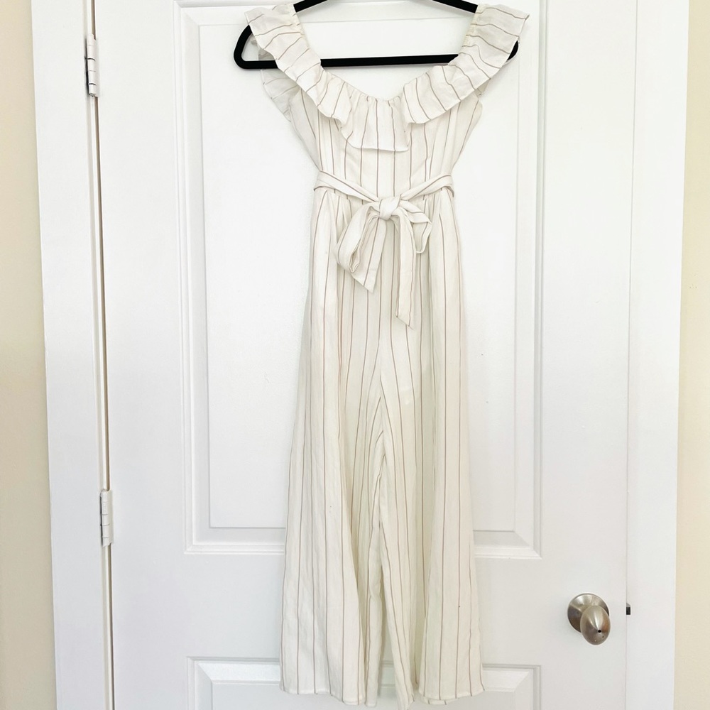 ASTR White striped off the shoulder jumpsuit with tie belt